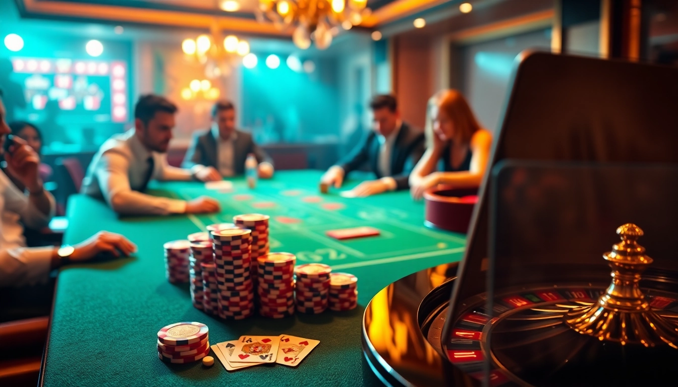 Jogadores aproveitando uma empolgante partida de pôquer em um cassino de luxo, simbolizando a emoção do jogo 69Y.