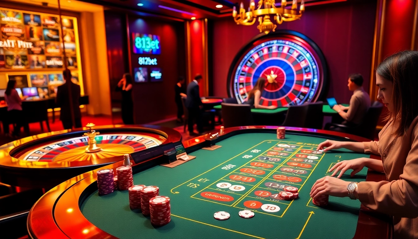 Experimente jogos emocionantes no vibrante cassino da 813bet com fichas de poker e mesa de roleta.