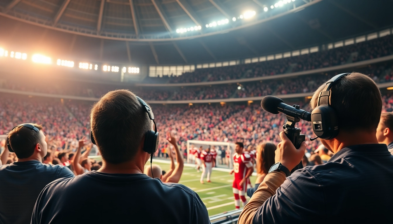 Engaging sports broadcasting during a live event with a vibrant crowd, showcasing action-packed moments.