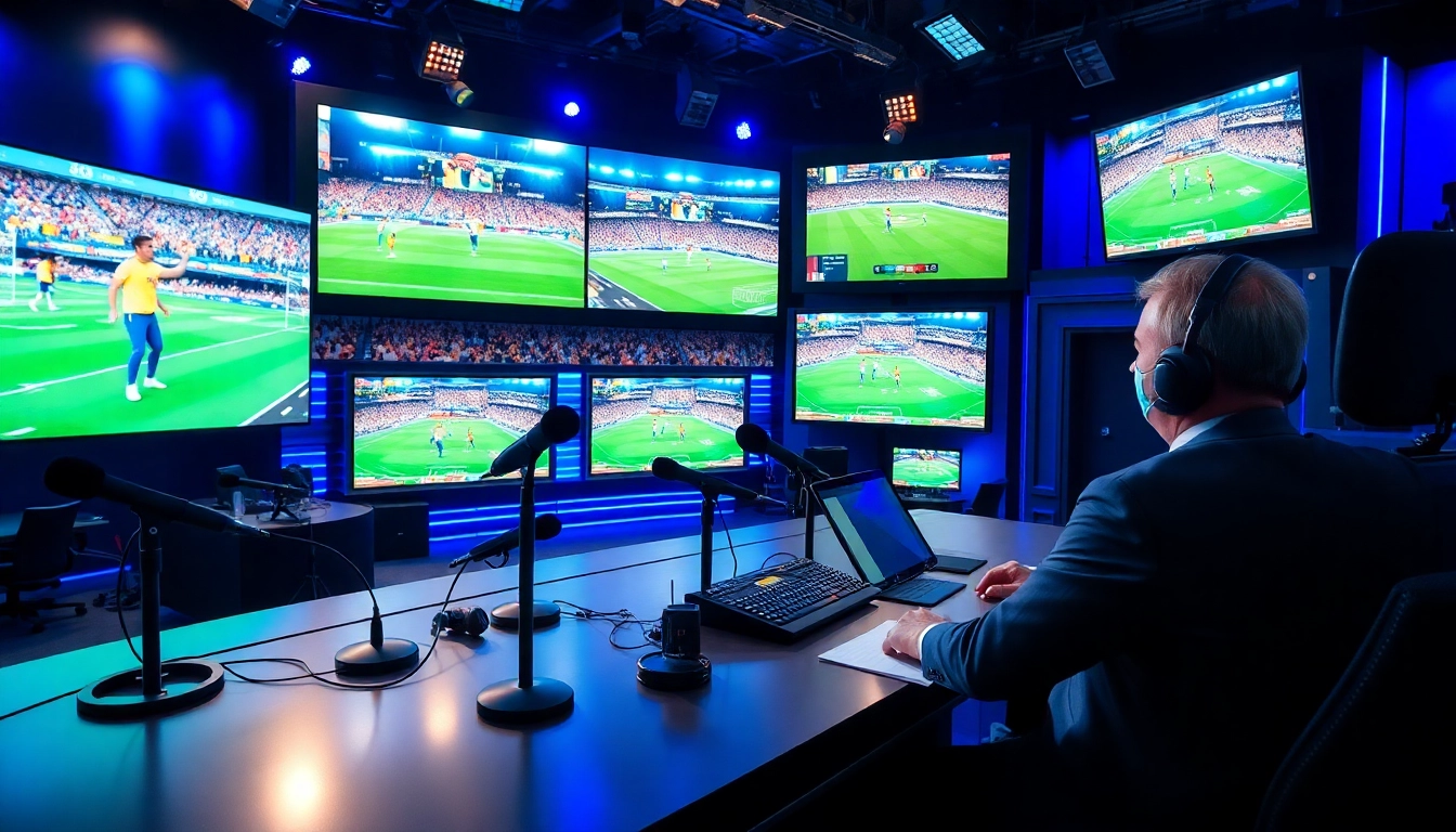 Engaging sports broadcasting studio with vibrant visuals and host preparing for live coverage.