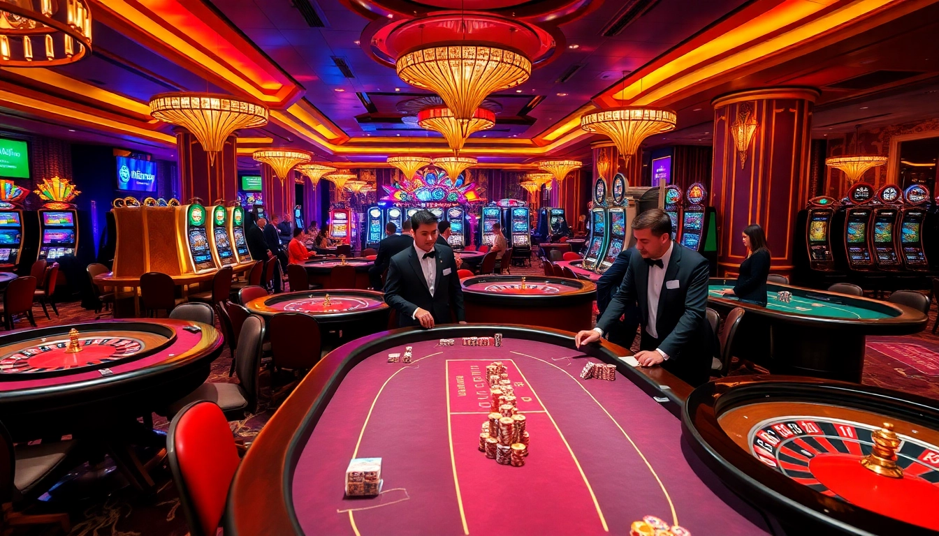 Ação empolgante no cassino 59A com jogadores nas mesas e máquinas de slot vibrantes.