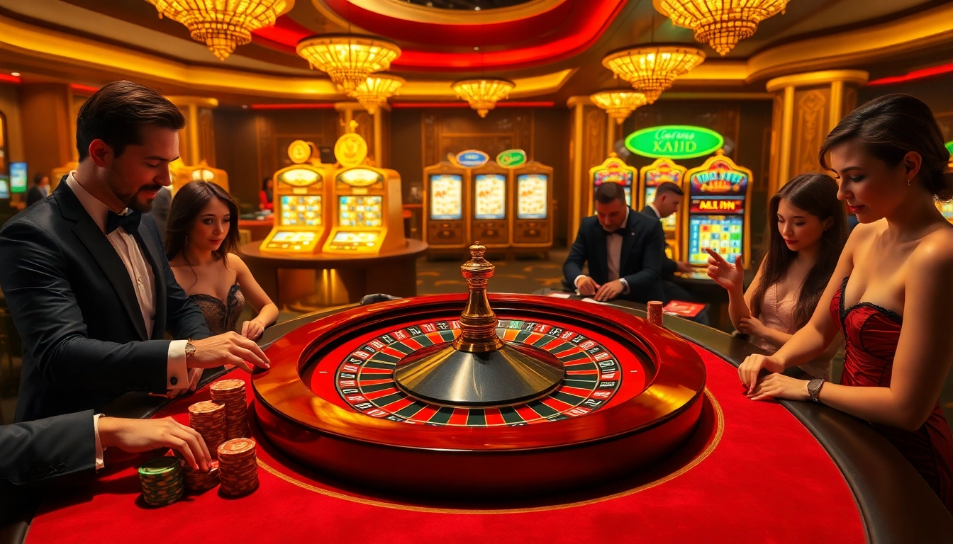 Jogadores aproveitando jogos de altas apostas em um cassino de luxo com roleta e pôquer, tema 69T.