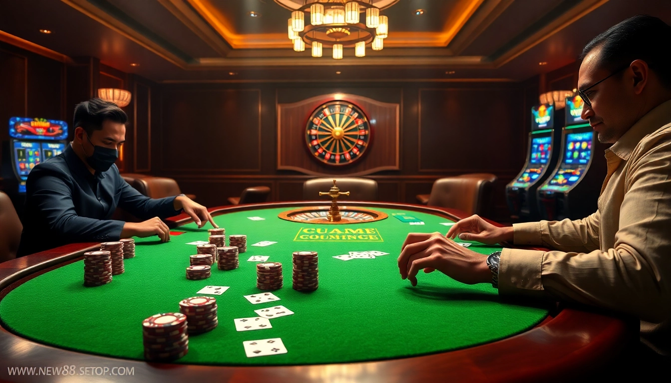 High-stakes poker game at a luxurious casino, featuring www.new88seotop.com elements.
