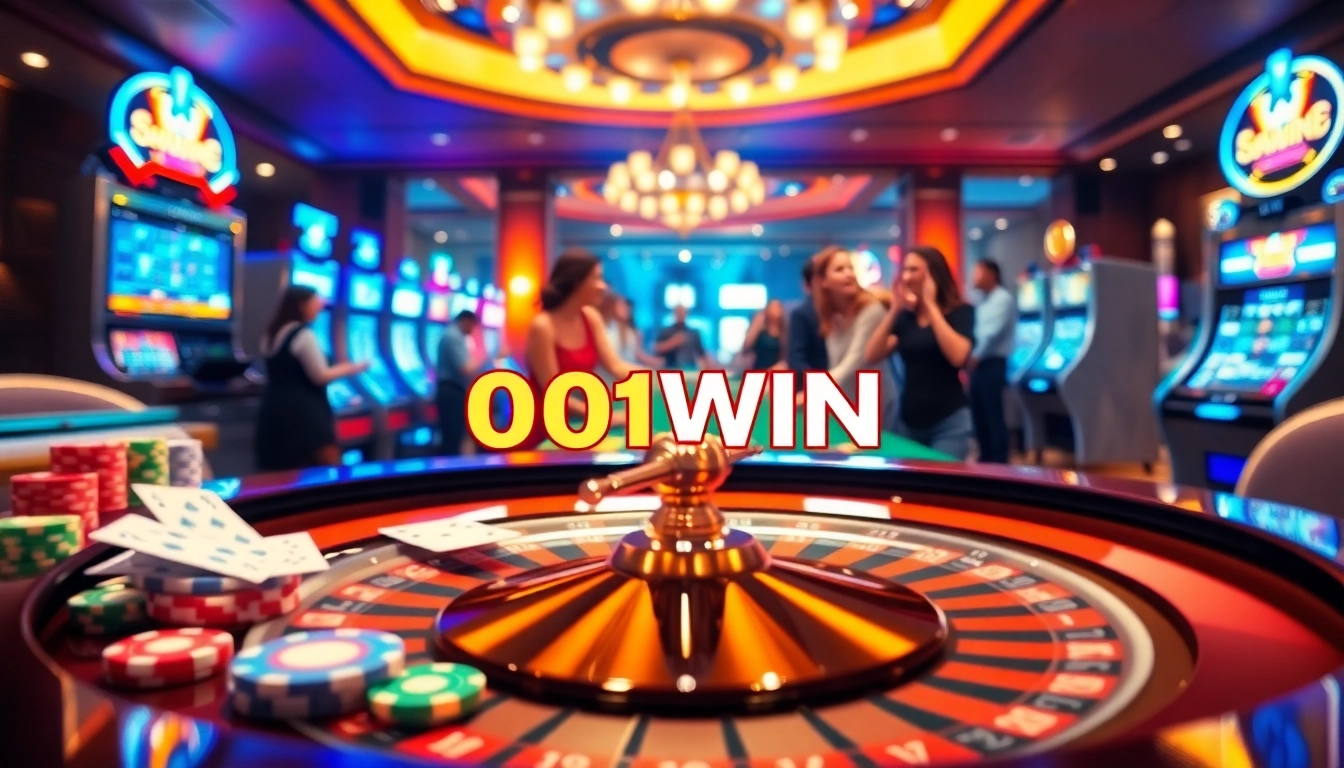 Ação emocionante de jogo no cassino 001WIN com roleta, cartas e fichas.
