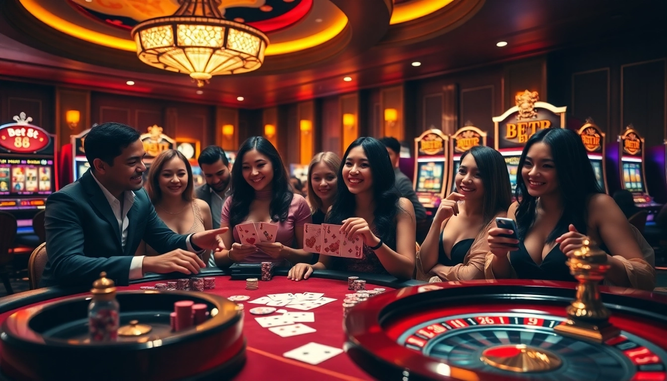 Experience the thrill of bet 88 with vibrant casino visuals showcasing players at tables and slot machines.