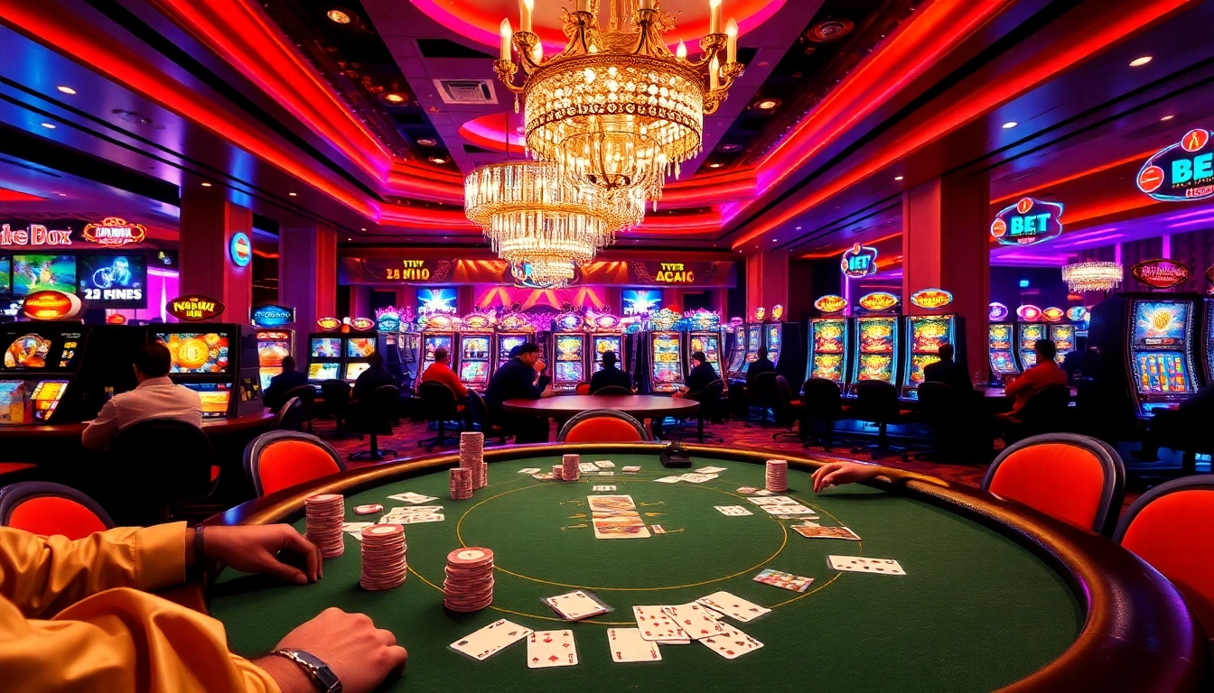 Players enjoying a thrilling game at I9 BET casino with poker table and vibrant slot machines.