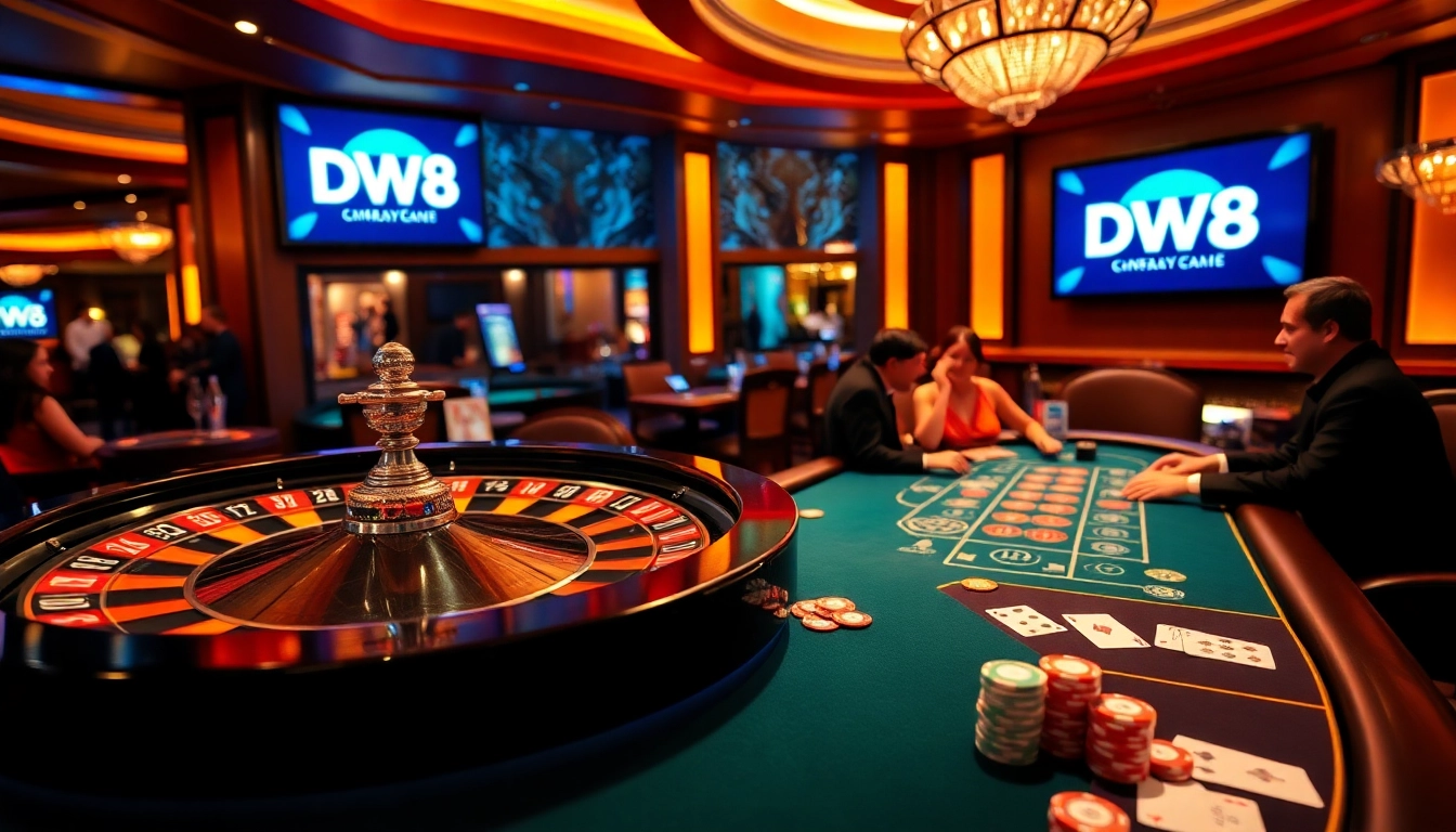 Engaged players enjoying a thrilling game at DW8, featuring luxurious casino elements like roulette and poker.