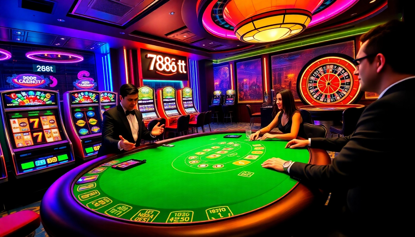 A dynamic casino scene featuring players at a gaming table and slot machines, representing 788t's vibrant online gambling atmosphere.