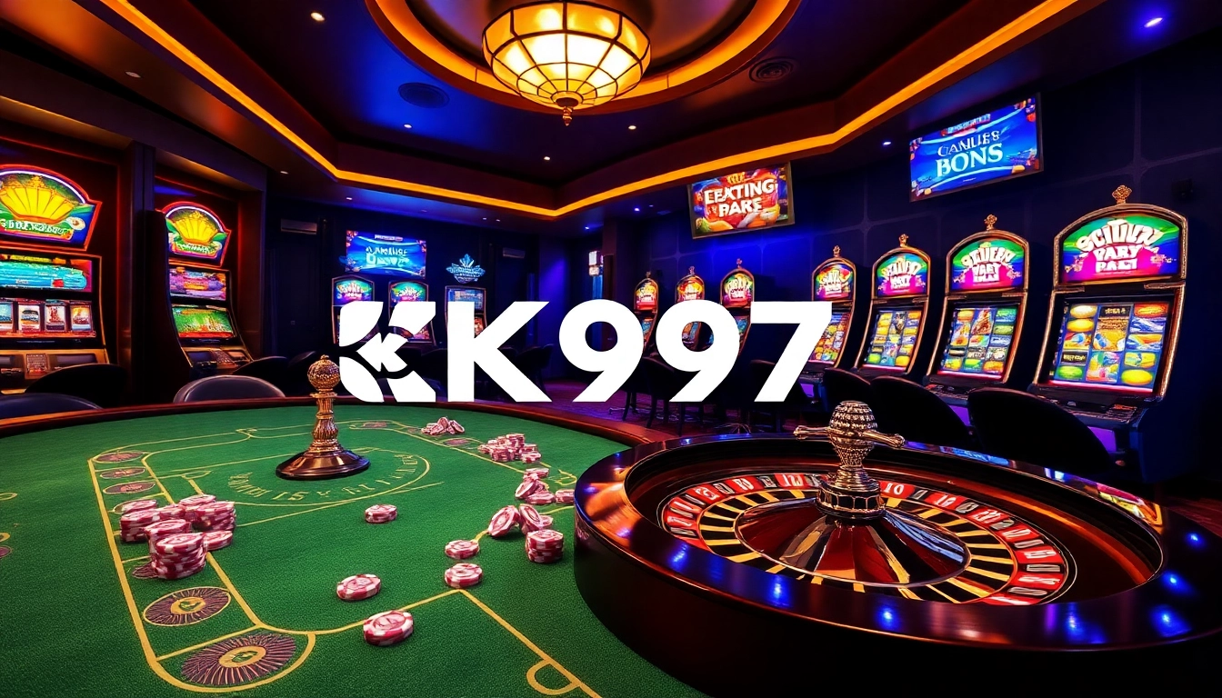 Experiência de jogo K997 com roletas e máquinas caça-níqueis vibrantes exibindo emoção.