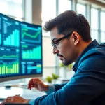 Analyzing demand forecasting software data in a modern office to improve business efficiency.