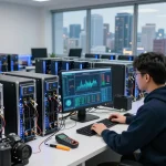 Engenheiro monitorando mineradores ASIC em https://vnish.net.br/ em uma moderna instalação de mineração de criptomoedas