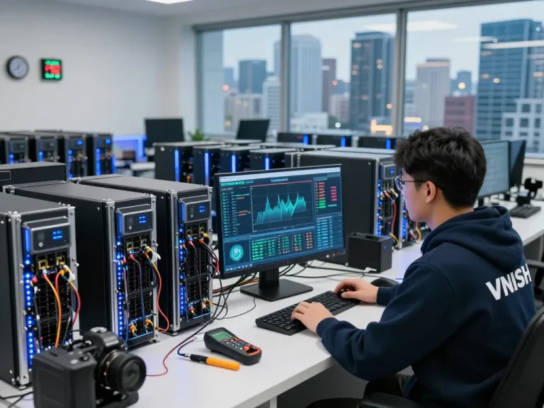 Engenheiro monitorando mineradores ASIC em https://vnish.net.br/ em uma moderna instalação de mineração de criptomoedas