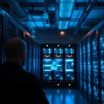 Showcase of adult web hosting servers in a sleek, professional server room with glowing features.