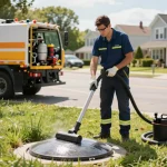 Limpa fossa em São Paulo technician operating a modern vacuum truck for septic tank cleaning in a residential neighborhood.