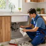 Experienced plumber repairing pipes in a bright kitchen, highlighting Encanador em São Paulo services.