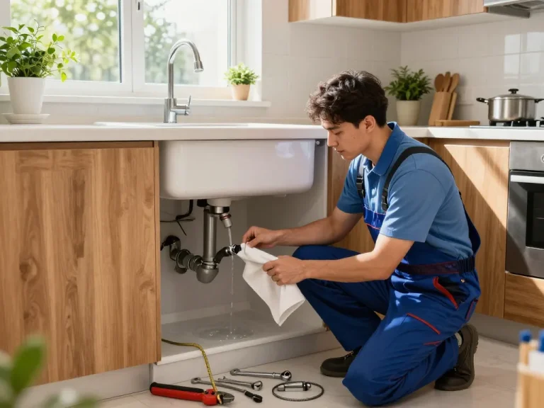 Experienced plumber repairing pipes in a bright kitchen, highlighting Encanador em São Paulo services.