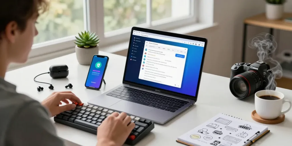 Using the Telegram Web Version on a laptop in a vibrant workspace with tech gadgets.