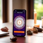 Engage with the Destiny Matrix Chart App through a sleek smartphone interface and a serene workspace.