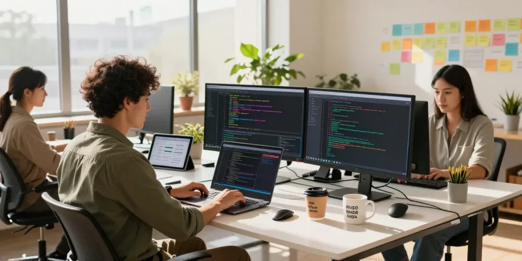 Diverse team working at a modern office space, showcasing the WPS Official Website during a productive software development session.