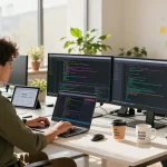 Diverse team working at a modern office space, showcasing the WPS Official Website during a productive software development session.