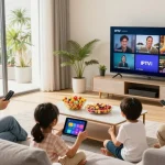 Família assistindo IPTV em sala de estar moderna e aconchegante