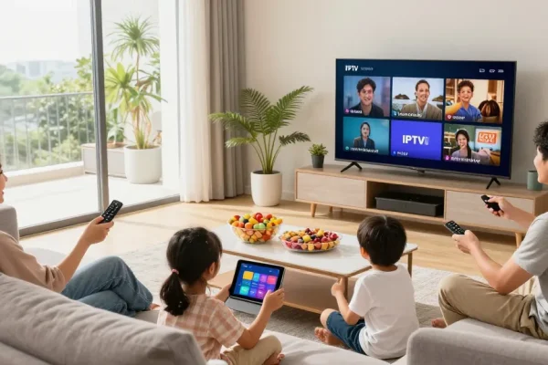Família assistindo IPTV em sala de estar moderna e aconchegante