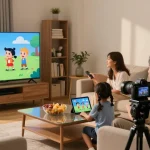 Família assistindo IPTV com bestbraziliptv na sala de estar moderna