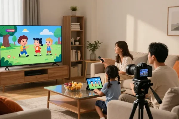 Família assistindo IPTV com bestbraziliptv na sala de estar moderna